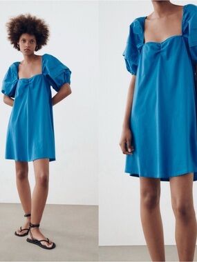 Zara Bright Blue Puff-Sleeve Mini Dress